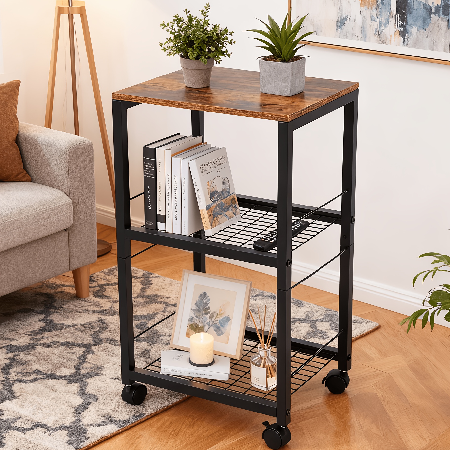 Serving Cart, Bookshelf, Kitchen Cart, 3 Tiers, 4 Casters, Freestanding Shelf, For Kitchen, Living Room, Bedroom, Home Office, Bathroom, Standing Shelf