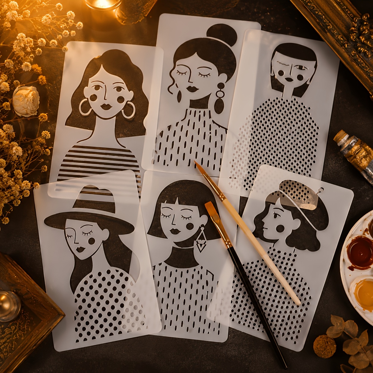 TEMU 6pcs Fashionable Women's Portrait Templates, Reusable Black And White Artistic Drawing Templates, Modern Easy Women's Face Templates, For Wall