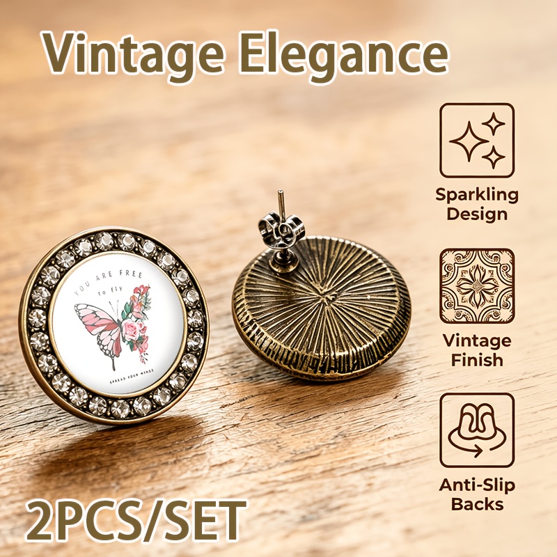 2pcs Transparent Glass Inlaid Stud Earrings Set, Butterfly & Rose