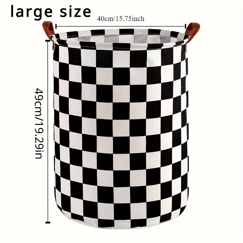 Checkered Fabric Laundry Basket With Leather Handle, Foldable And Clothing Storage Basket, Suitable For Rooms, Laundry Baskets