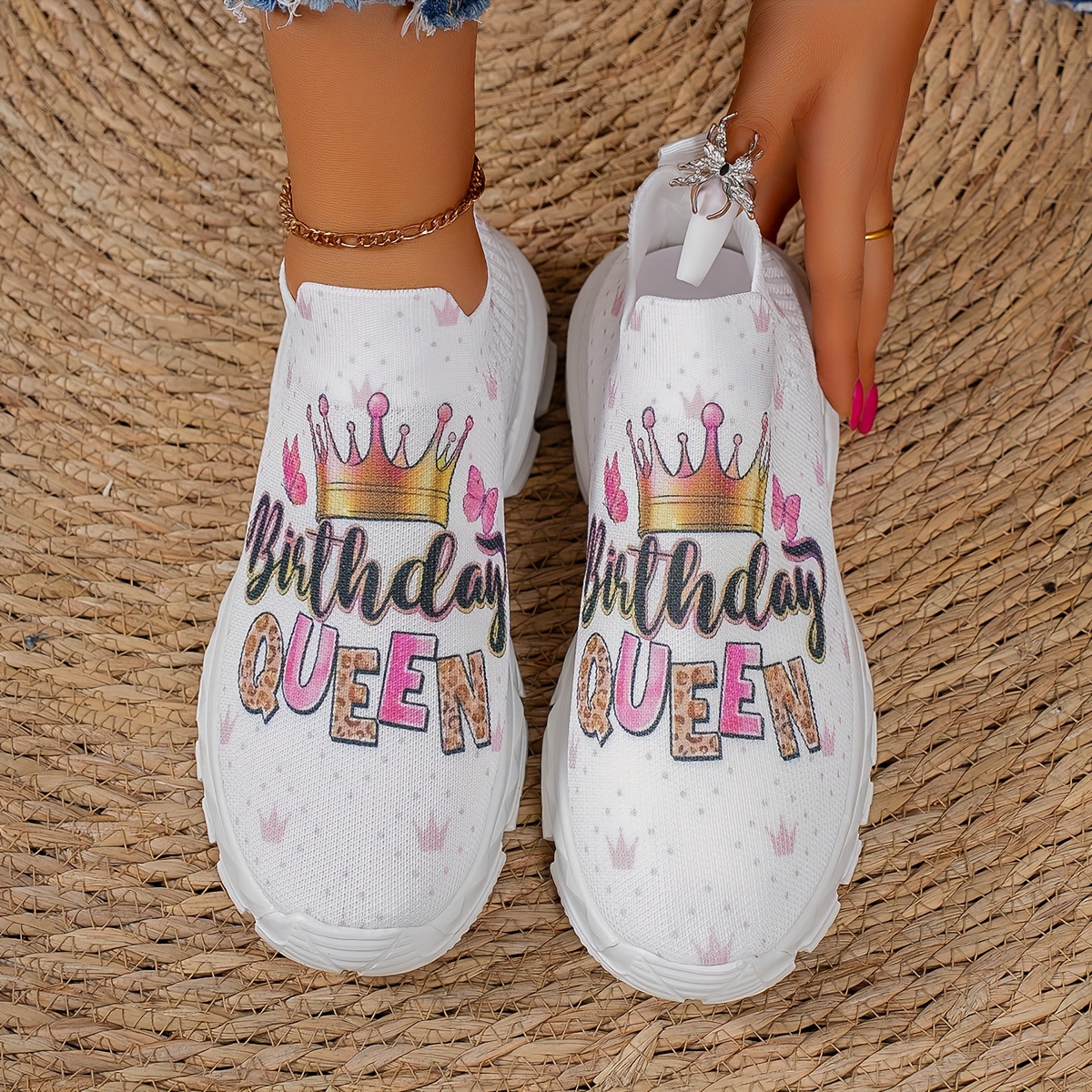 

Chic Pink 'birthday Queen' Women's Sneakers - Comfy Slip-on Casual Shoes With Breathable Fabric, Non-slip Eva Sole For All