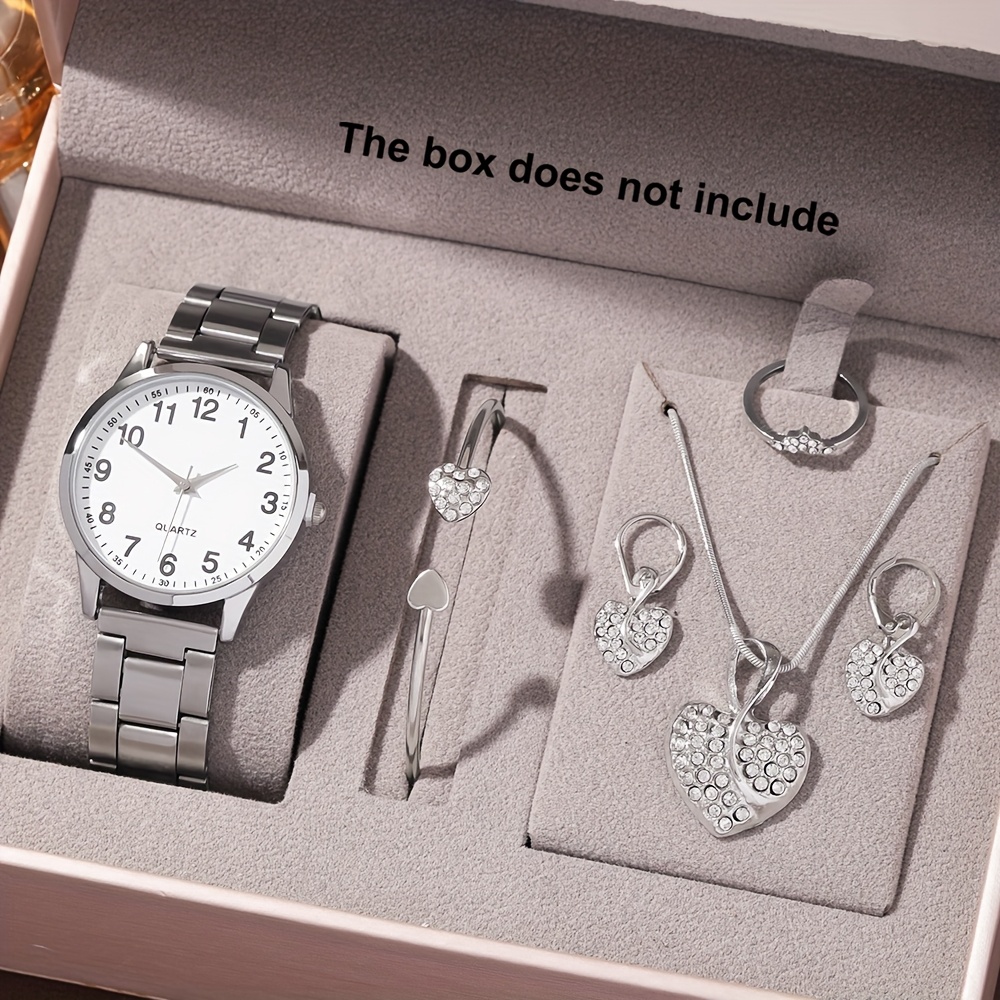 6pcs Elegant Women's Quartz Watch Set with Heart-Shaped Jewelry, Perfect Gift for Ladies, Non-Adjustable Alloy Strap, Classic Bar Markers Round Dial, Ideal Gift for Sisters and Mothers, Suitable for Ramadan or Casual Attire, No Packaging Box Included, Middle East Special Edition