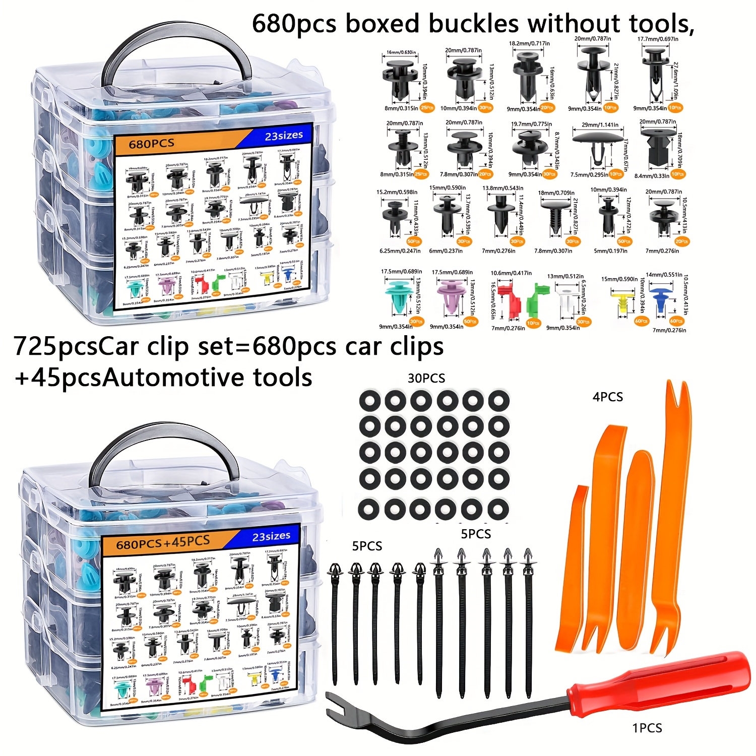 

680pcs 725pcs Automotive Push Fasteners And Automotive Classification -23 Most Popular Sizes Of Nylon , Mudguards, Rivet Straps, 10 Cable Ties, And Removers