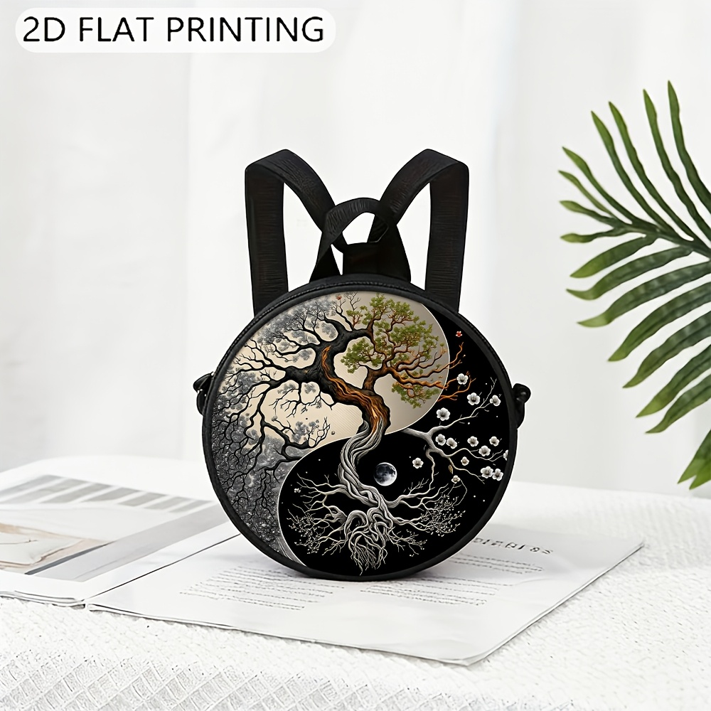 TEMU Random 1pc 2d Print Round Crossbody Bag, Yin Yang Tree Branches Pattern, Women Adjustable Shoulder Strap With Zipper And Top Handle, Women's