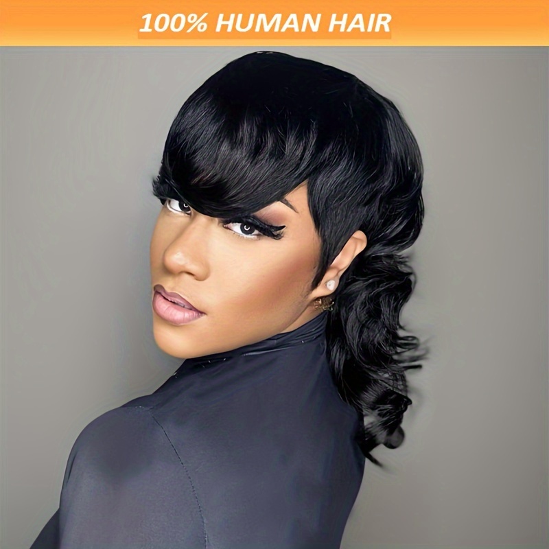 

Unique Texture, Chic 10-inch Short Loose Wave Mullet Wig With Bangs For Women - , 150% Density Human Hair, & Parties