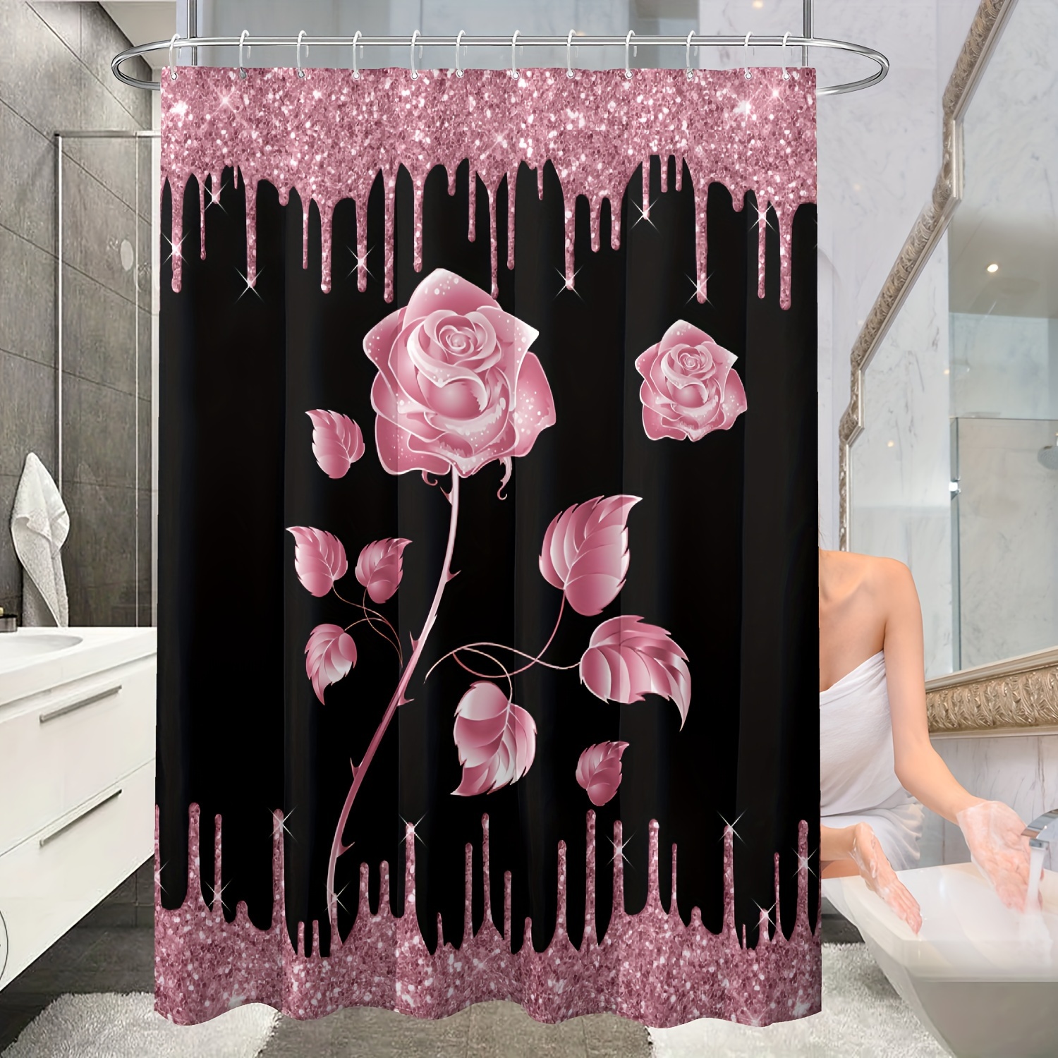 

1pc Luxurious Pattern Shower Curtain, Waterproof Decorative Bath Curtain, Anti-mold Bathroom Partition With Hooks, Home Bathroom Decor
