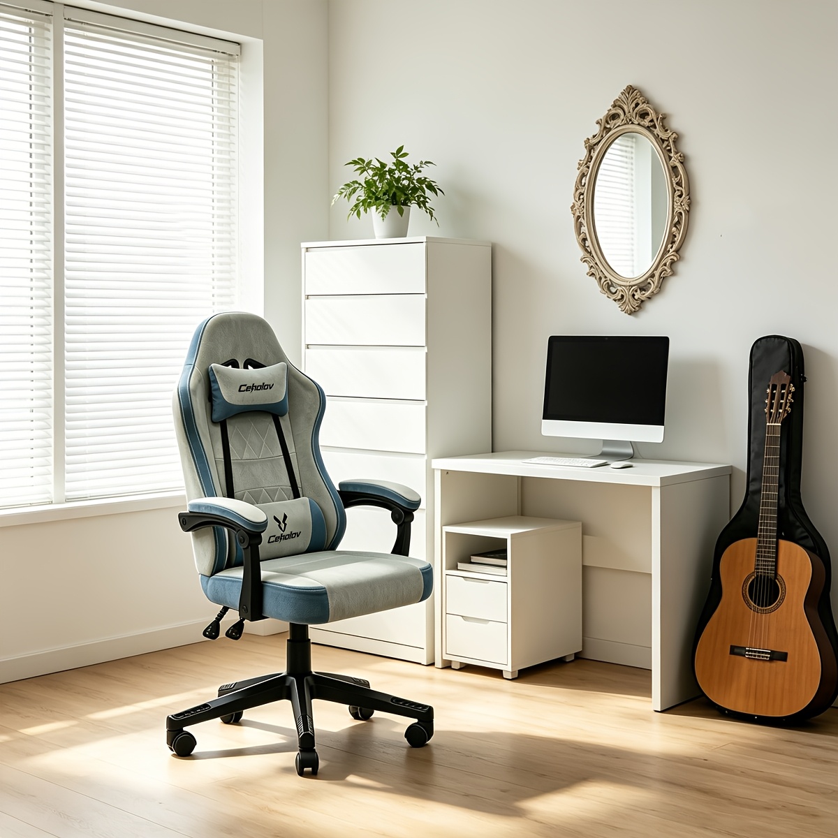 TEMU Tech Fabric Gaming Chair, Height Adjustable With Lumbar & Neck Pillows, Backrest Reclines 90°-135°, Ideal For Study, Office, Gaming