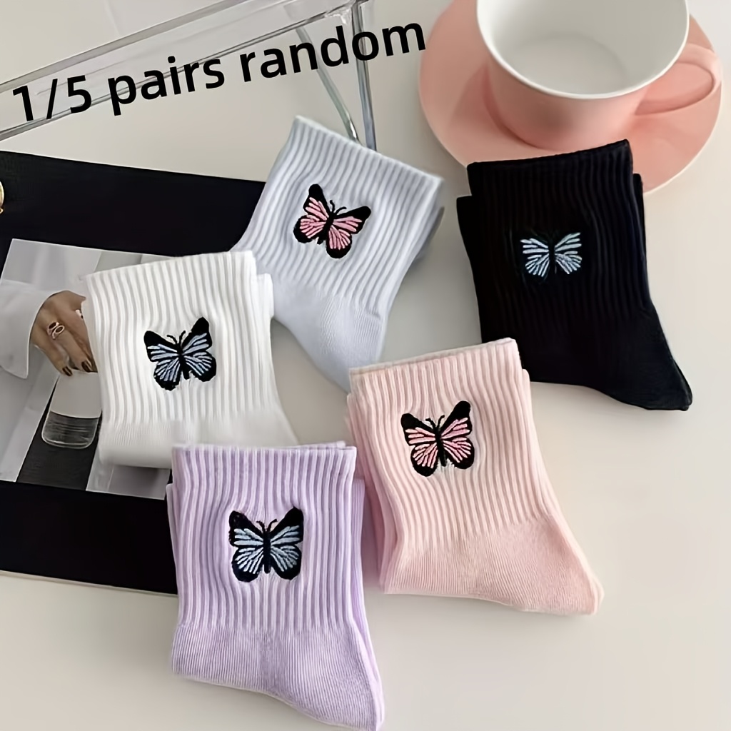 1 5 pair random pack embroidered bow   calf socks spring autumn style colorful embroidered bow preppy style casual breathable womens long socks