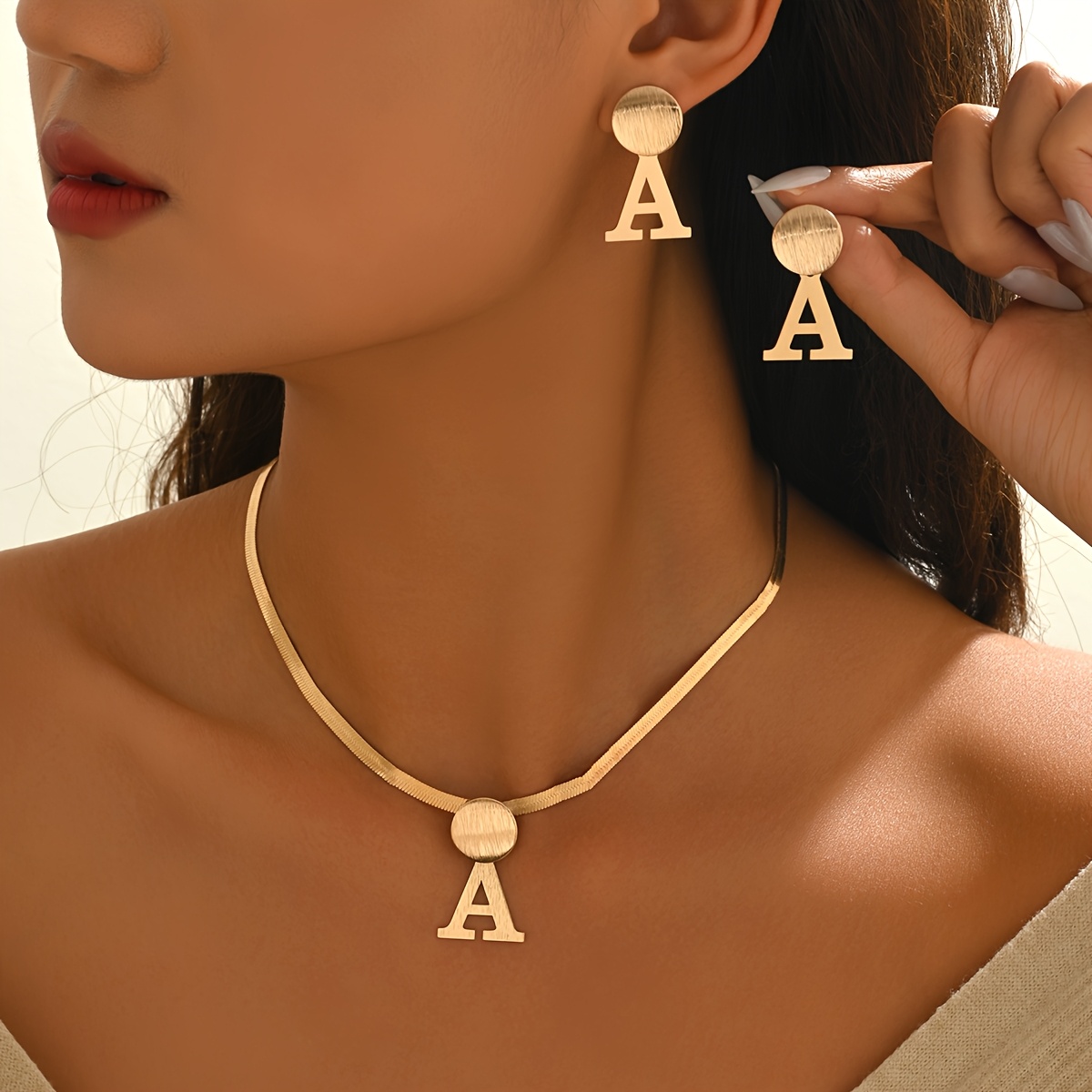 TEMU 2pcs Set: Simple And Unique Snakeskin Chain Necklace With Letter "a" Pendant And Earrings Set, Suitable For Everyday And Holiday Gifts