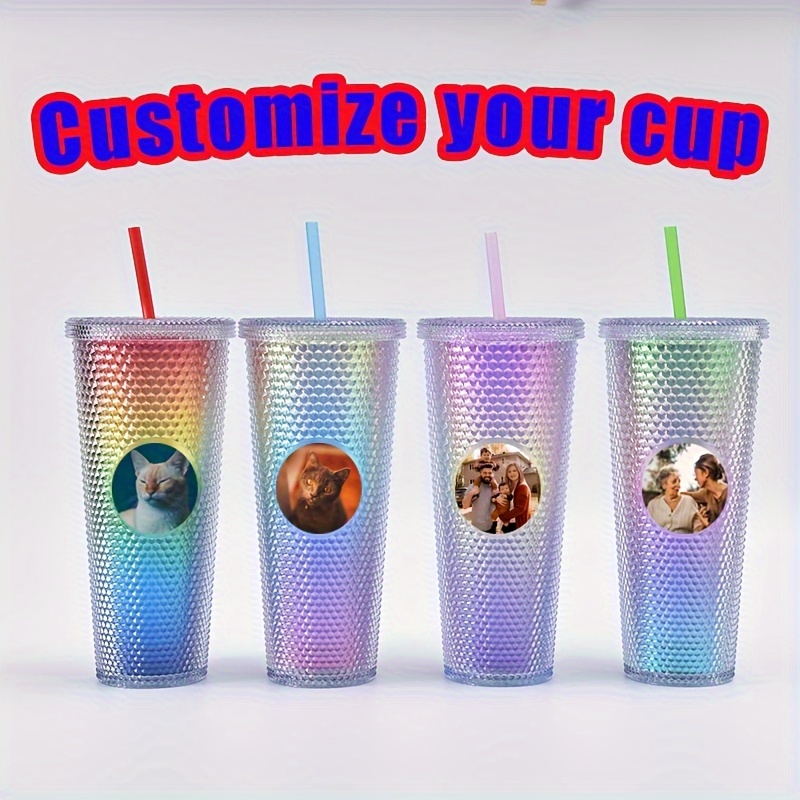 

1pc Plastic Tumbler With Photo Insert, Large Capacity Water Cup, Portable Creative Bottle Ideal For Outdoor Camping & Picnic, Includes Straw, Multi-color Options