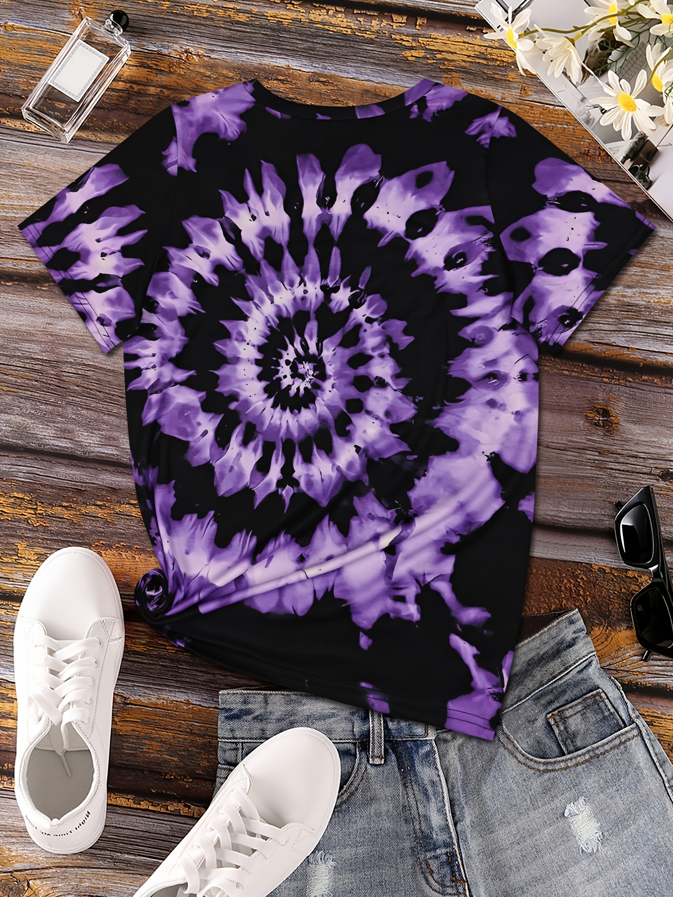 women's gradient tie dye short sleeve t shirt purple black Temu