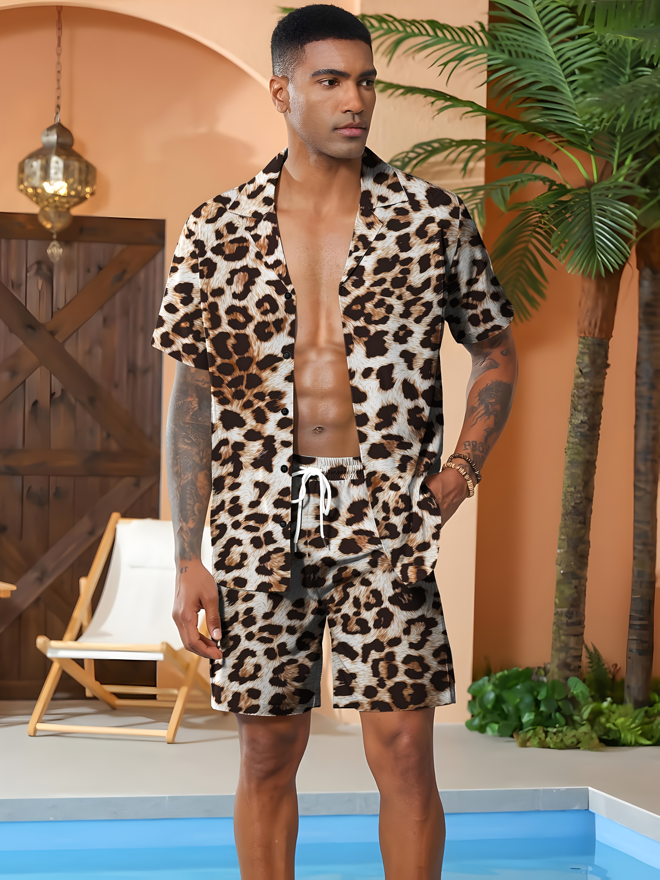 Ensemble Jogging Homme Léopard - T-shirt + Short Imprimé Hawaïen, Décontracté été, Sport Plage