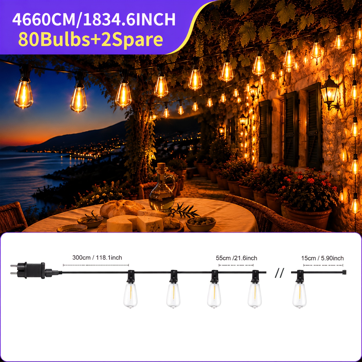 Led Outdoor Fairy Lights 20m/30m/46.6m, St38 Garden Fairy Lights, With Dimmer, 8 , Ip44 Outdoor Lighting, Warm White Decorative Lights, Suitable For Patios, , And Parties