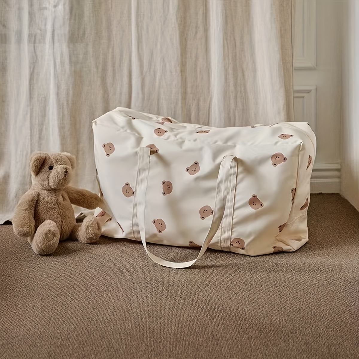 TEMU Large Capacity Foldable Storage Bag, Multi-functional Mommy Bag , Cute Bear Pattern, Lightweight Travel Diaper Organizer, Home Essential