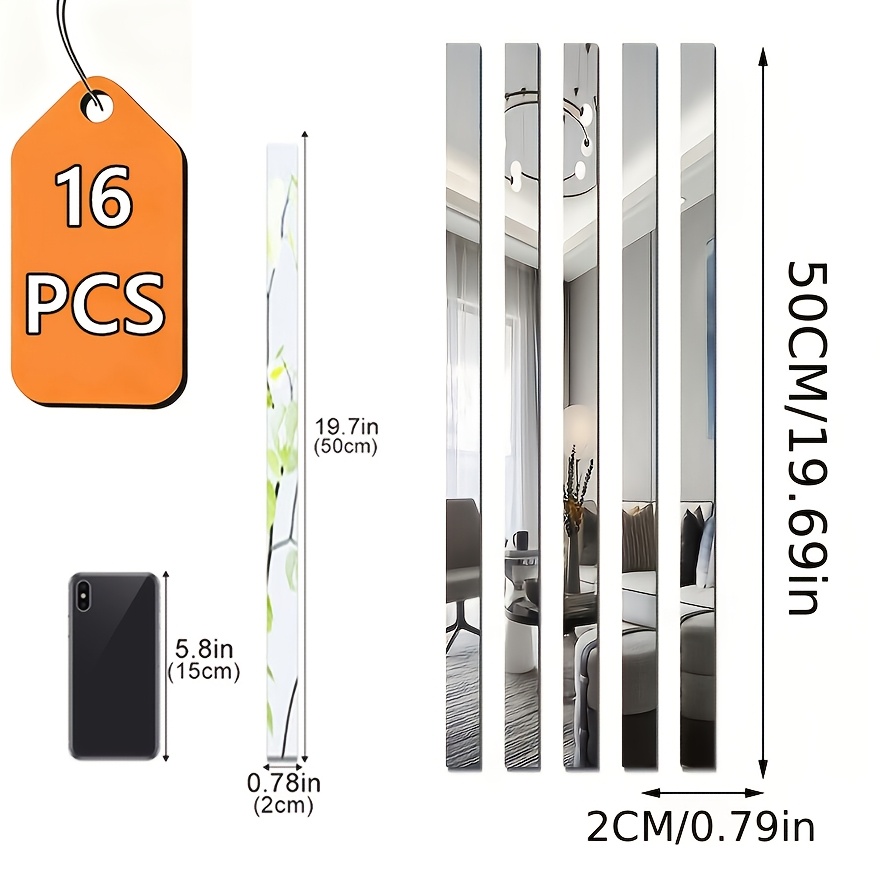 16pcs, Silvery Long Strip Acrylic Mirror Wall Stickers, 2 X 50cm Self-adhesive Waistline Decorative Strips, No-drill , For Living Room Bedroom Ceiling Border Tv Background Wall Grout Stickers