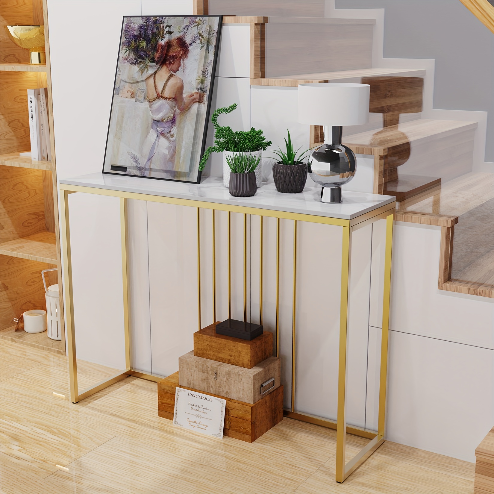 Console Da Ingresso A 5 Ripiani Pampaic, 105x29,5x81 Cm, In Finto Marmo Con Gambe Oro, Moderna E Stabile – Perfetta Per Soggiorno E Corridoio