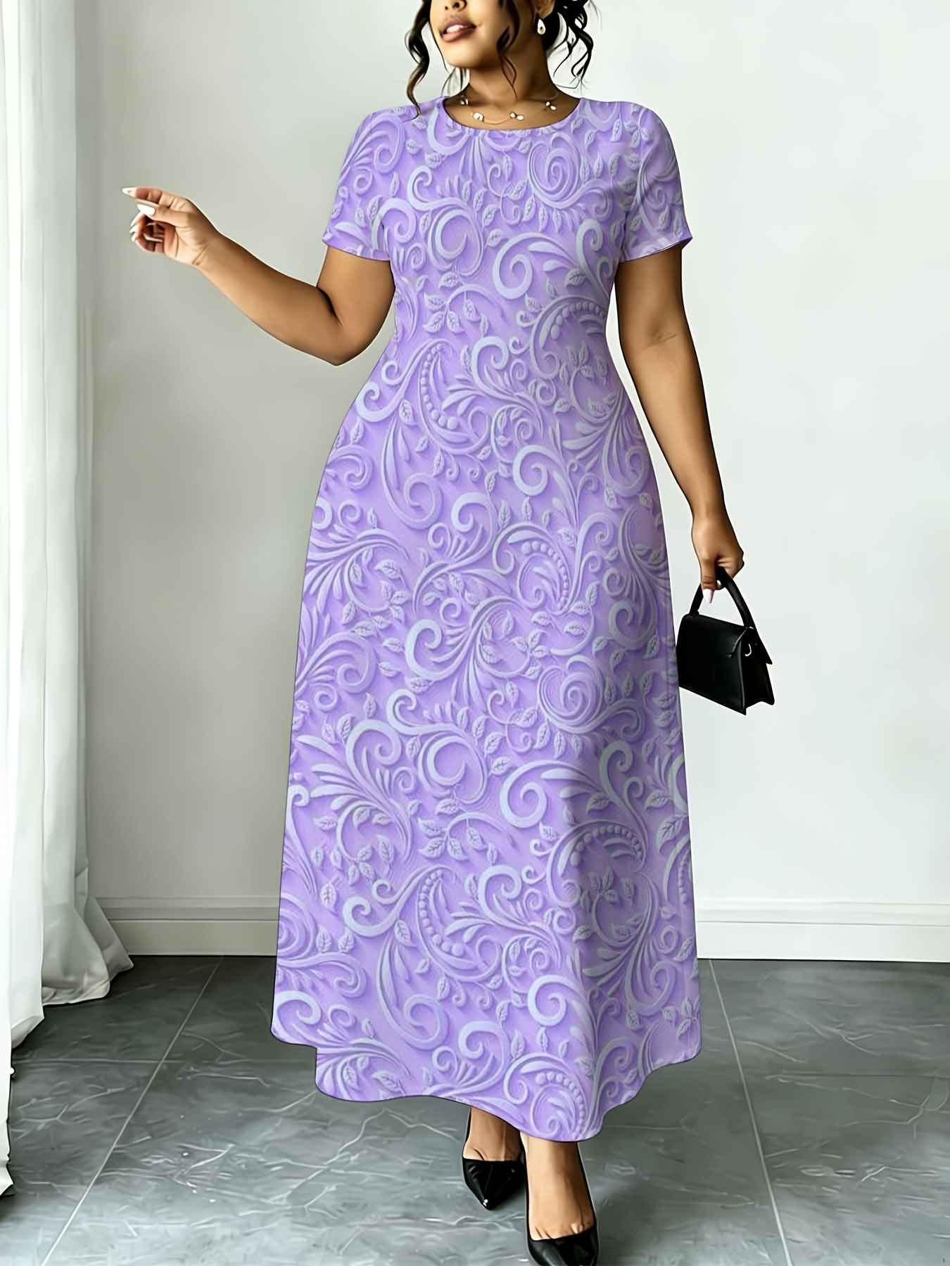 purple dress temu * Spring And Summer Women'S Clothing. Elegant Style. Solid Color V-Neck Waist-Cinching Half-Sleeve Long Dress