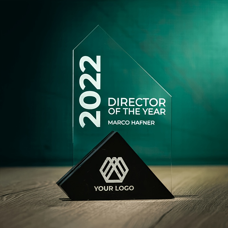 TEMU 2d Flat Personalized Custom Acrylic Trophy, With Triangular Wooden Base And Engravable Text, Custom Medal For Employee Recognition, Corporate