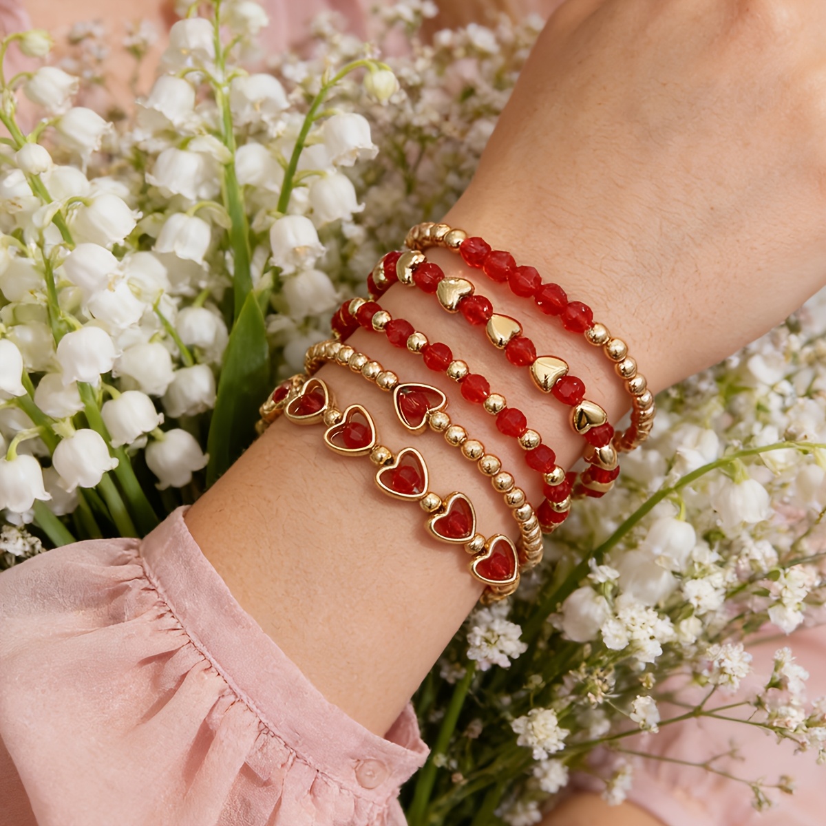 TEMU 5pcs Retro Bohemian Red Artificial Crystal Heart-shaped Ccb Beaded Bracelets, Suitable As A Gift For Your Girlfriend, Wife Or For New Year,