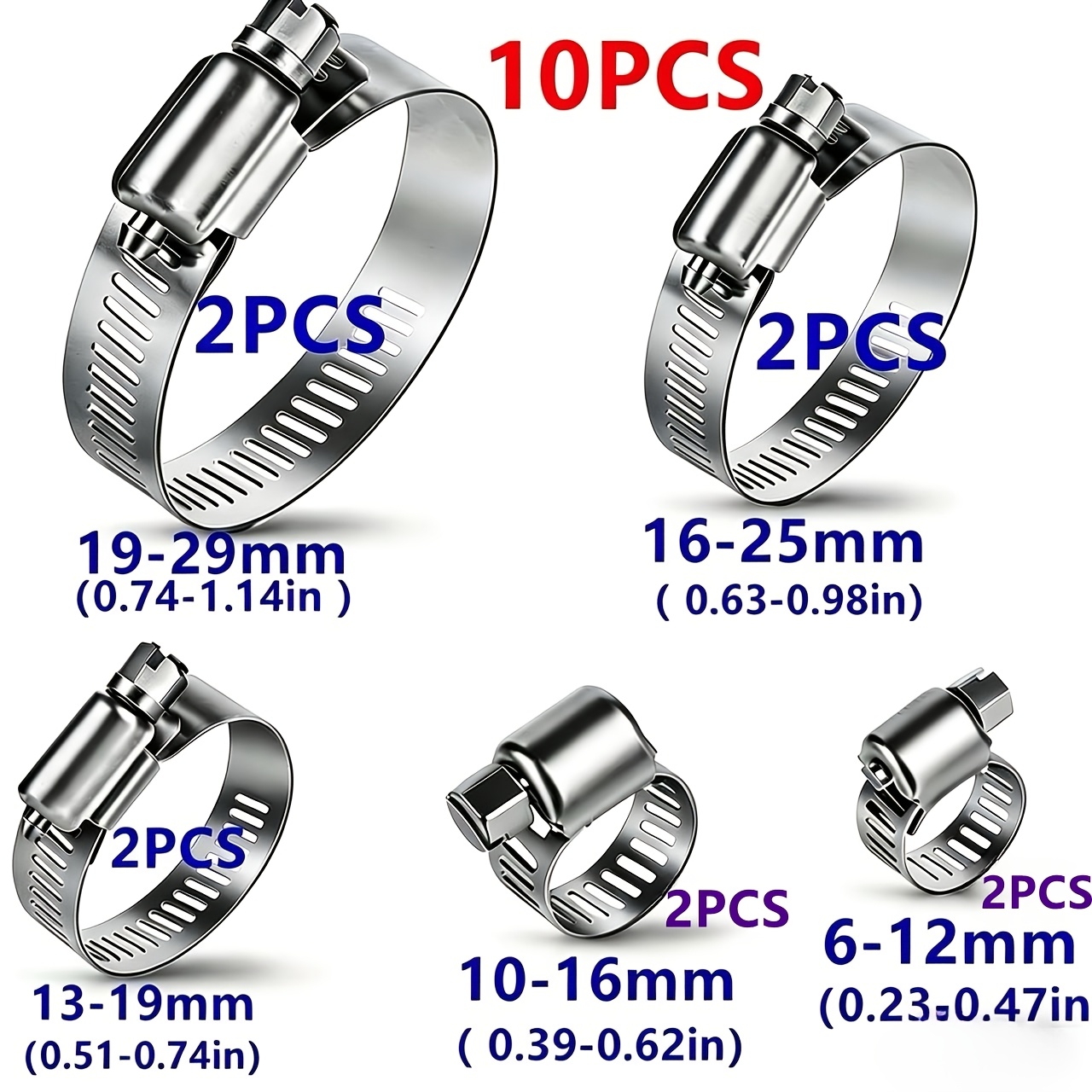 E-shop Einstellbares -Sortiment in verschiedenen Größen, 1/4 Zoll bis 1-1/8 Zoll (6-29 mm) T-, Schneckengetriebe-, geeignet für Rohr- und