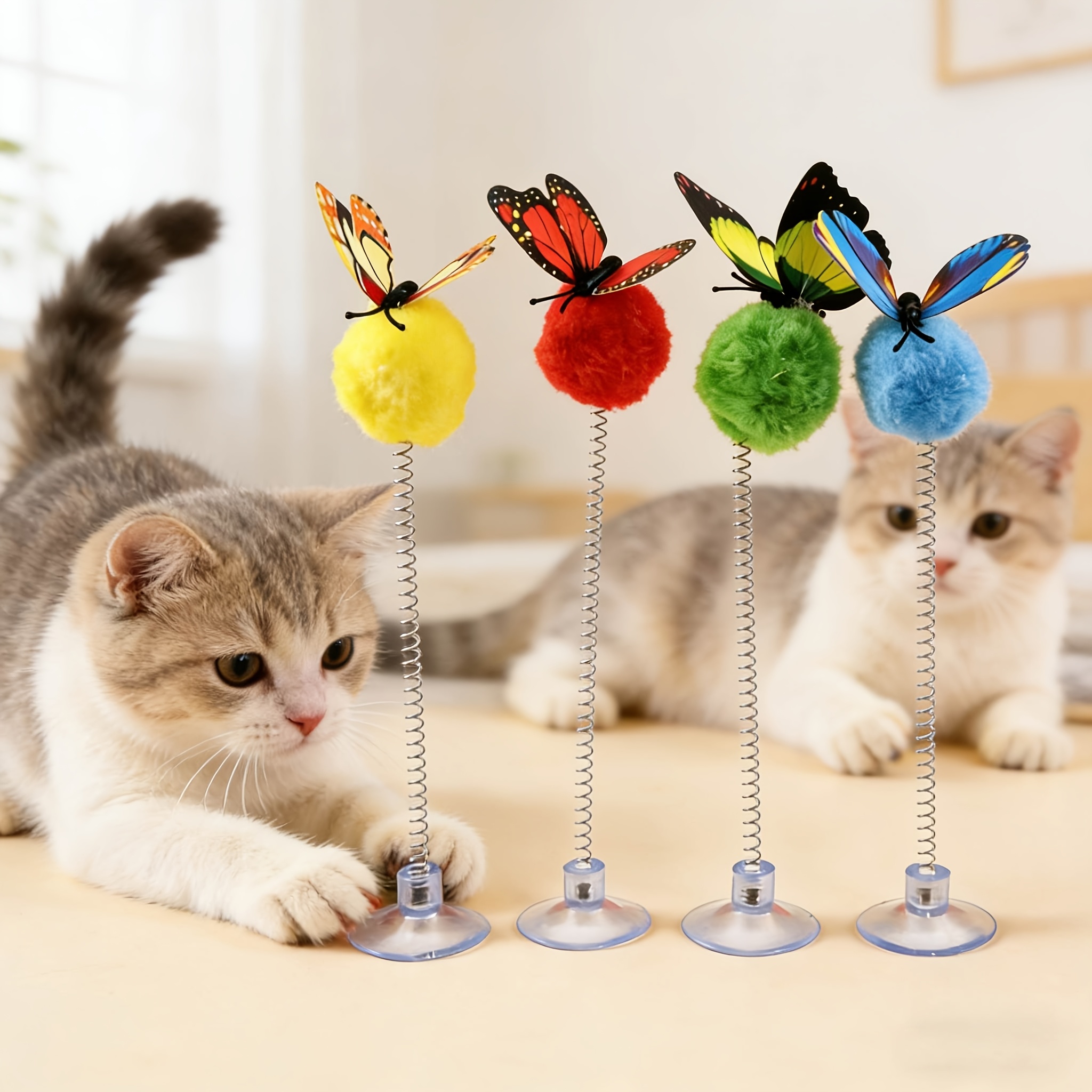 TEMU 3pcs Interactive Cat Toy - Random Colors, Suction Cup Design, No Batteries Required, Made With Durable Material, Suitable For All Breeds Of Cats