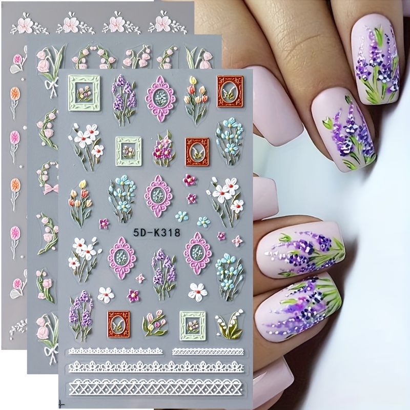 

3pcs Full Beauty 5d Spring Floral Nail Stickers - Hypoallergenic Embroidered Self-adhesive Decals With Lavender, Daisy, Cherry Blossoms, - Plant Theme Embellishments For Diy Manicure Decorations