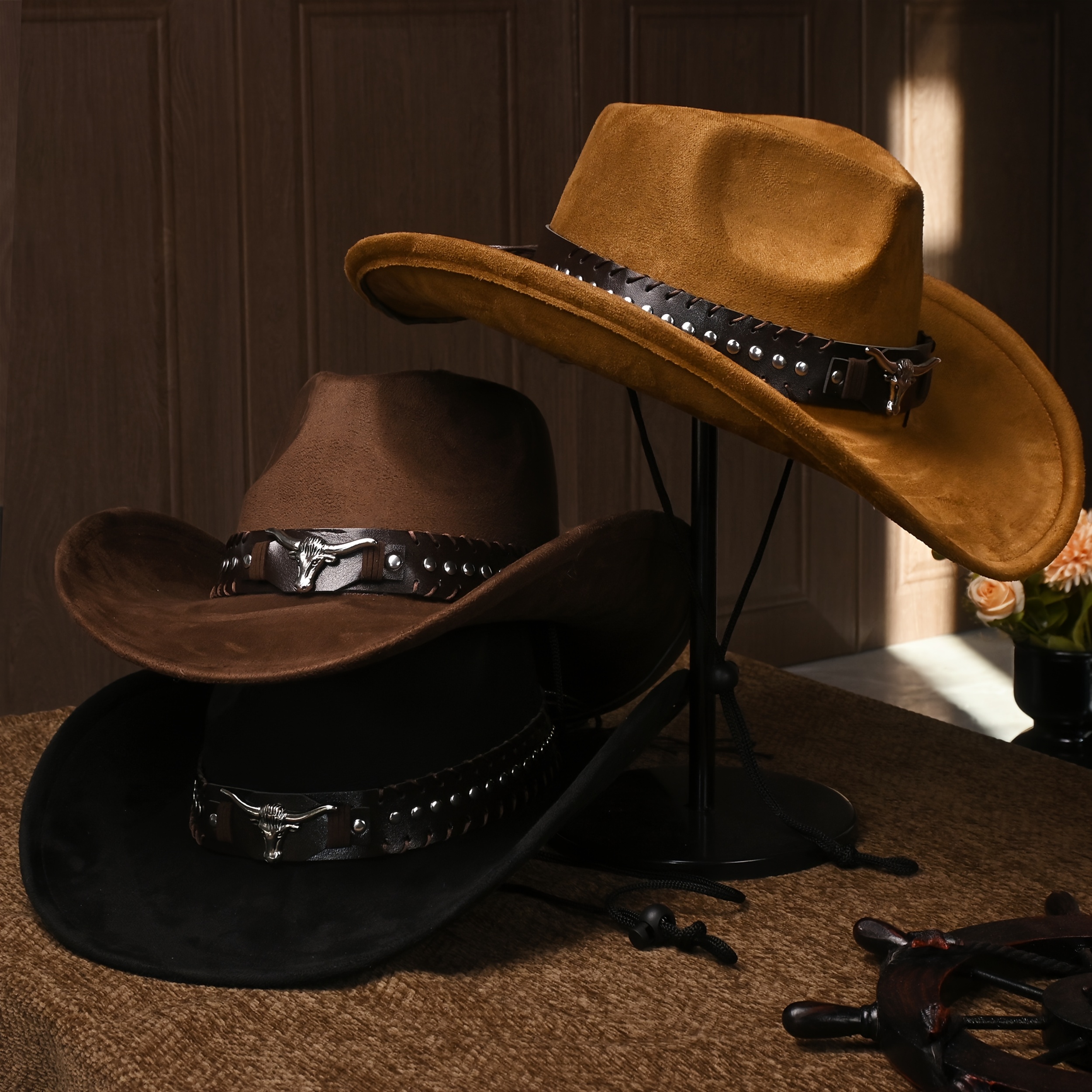 

Western Cowboy Hats For Men And Women, Classic Suede With Metal And Bull Pattern, Lightweight Unisex Festival Hat, Woven Inelastic Polyester With Decorative Accessories, No Feather, Non-washable