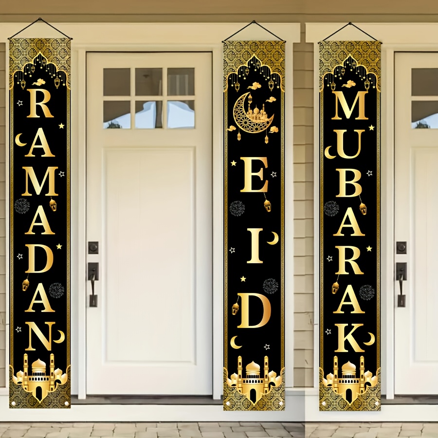 

3pcs Eid Decor Set - Black & Golden Ramadan Door Banners Design, Polyester Porch Signs For Home & Party Decoration