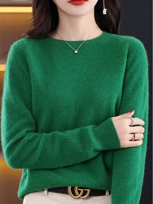 Spring and Autumn Solid Color Sweater with Round Neck, Loose Fit Long Sleeve 100% Wool Base Layer for Women