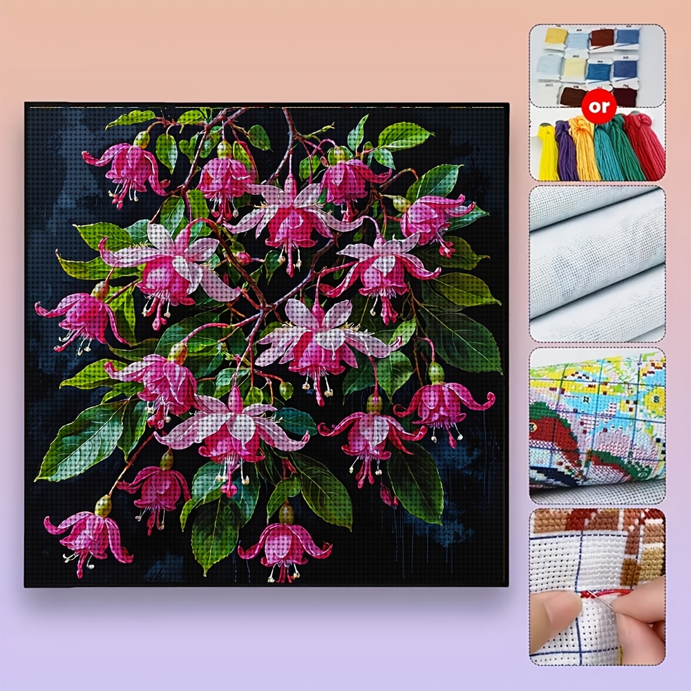 DIY Cross-Stitch Printed Kit, Frameless, Black Background with Flowers