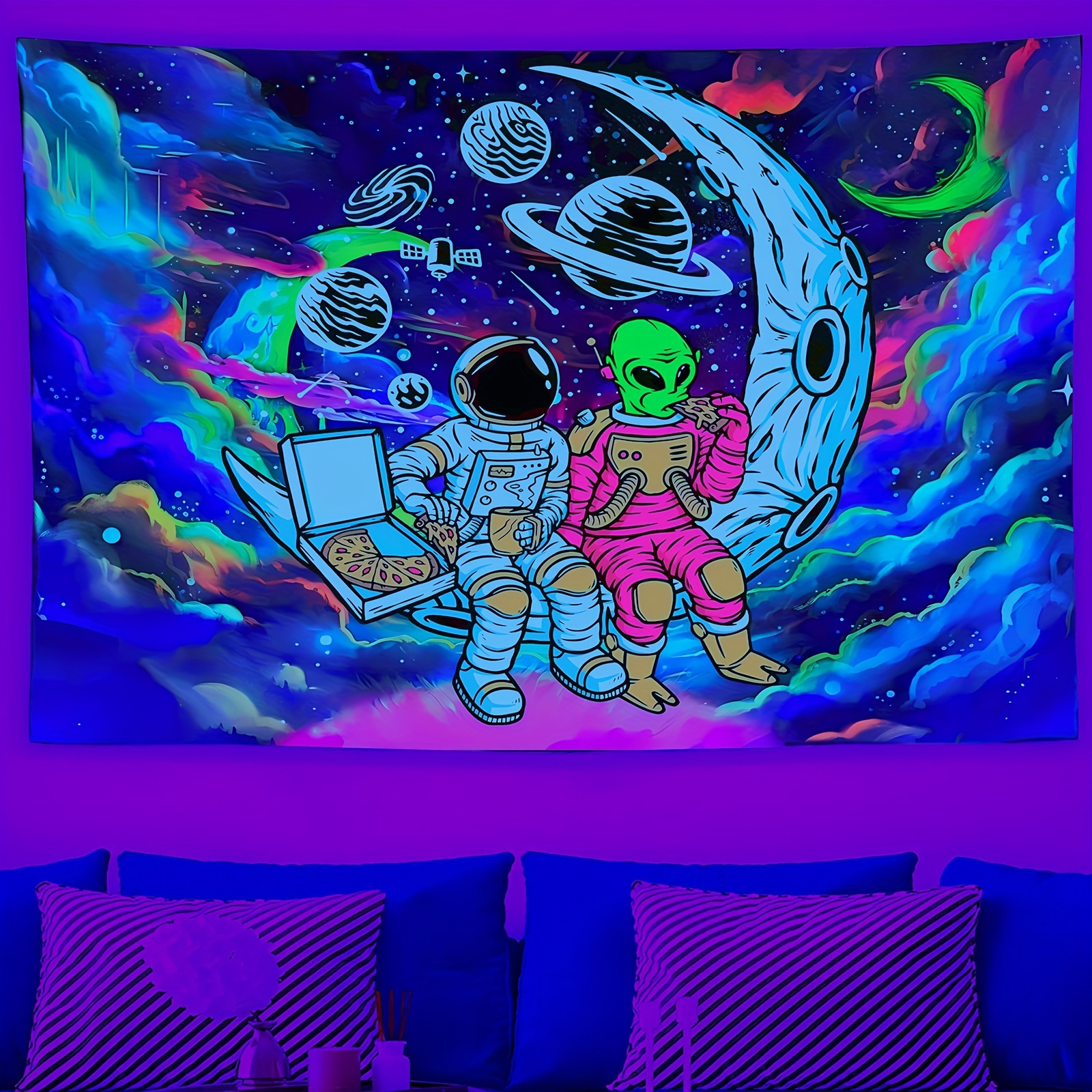 

Uv Reactive Astronaut Blacklight Tapestry - For Men's Bedroom & Home Decor, Horizontal Polyester Knit