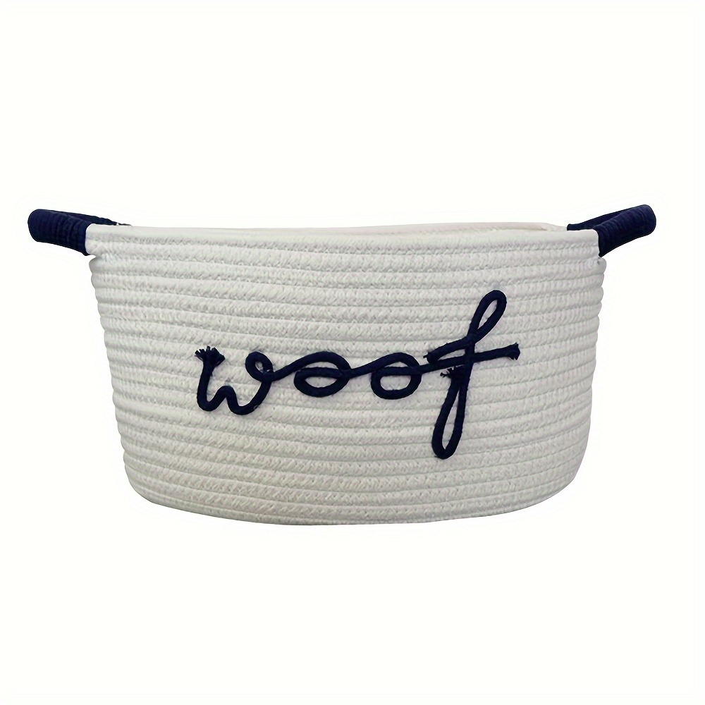 

1pc Woof Woven Rope Storage Baskets, Pet Dog Toy Bin Box Perfect For Organizing Chew Blankets Leashes, Dog Toy Holder Cotton Basket Puppy Bins