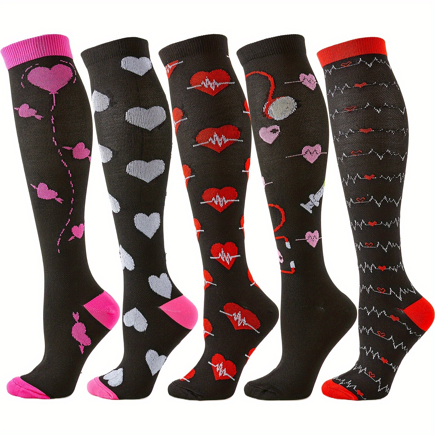 

5 Pairs Women's Over Knee High Stockings - Nylon 98% Spandex 2% Knit Fabric, Heart Pattern, Machine Washable, Seasonal For Cycling, Running, Yoga -