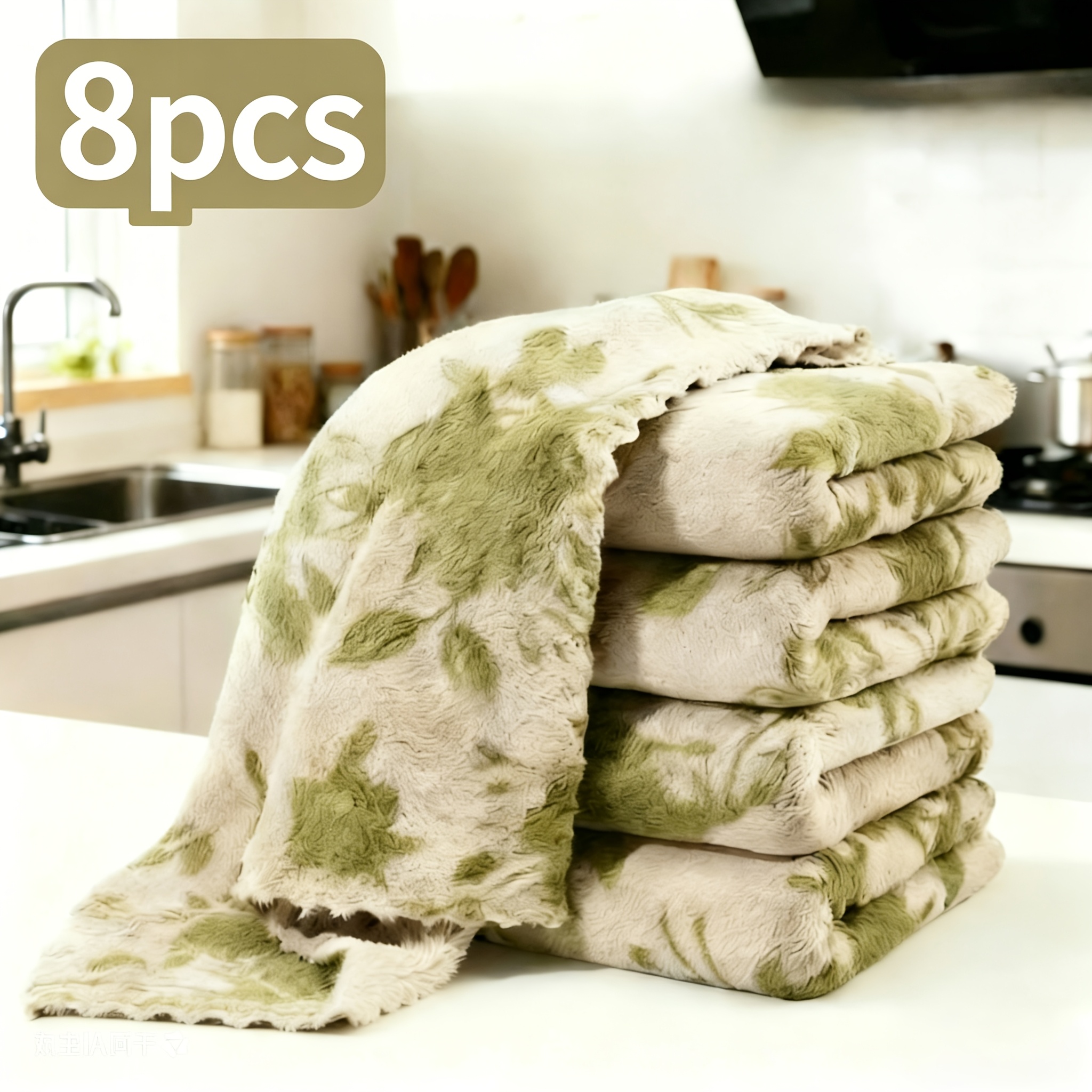 E-shop 8er-Pack Korallenfleece-Küchengeschirrtücher – Weiche, dicke & fusselfreie Reinigungstücher mit grünem Rosenmuster. Wiederverwendbare