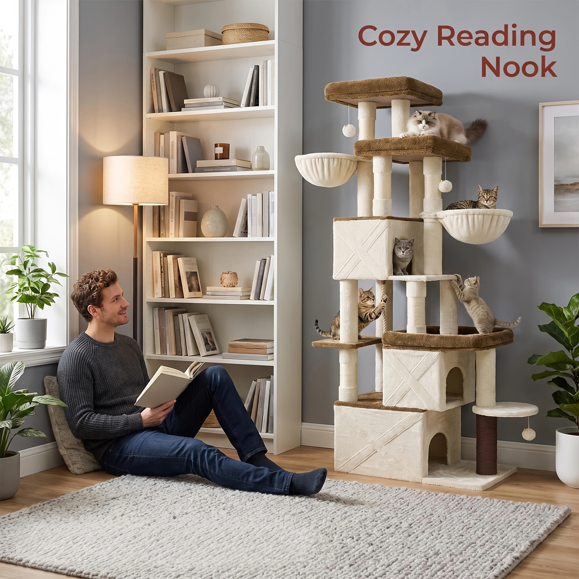 TEMU Arbre à chat XXL 206Cm style porte de , arbre à chat en sisal de bois , peluche marron, mobilier multifonctionnel pour animaux de compagnie pour