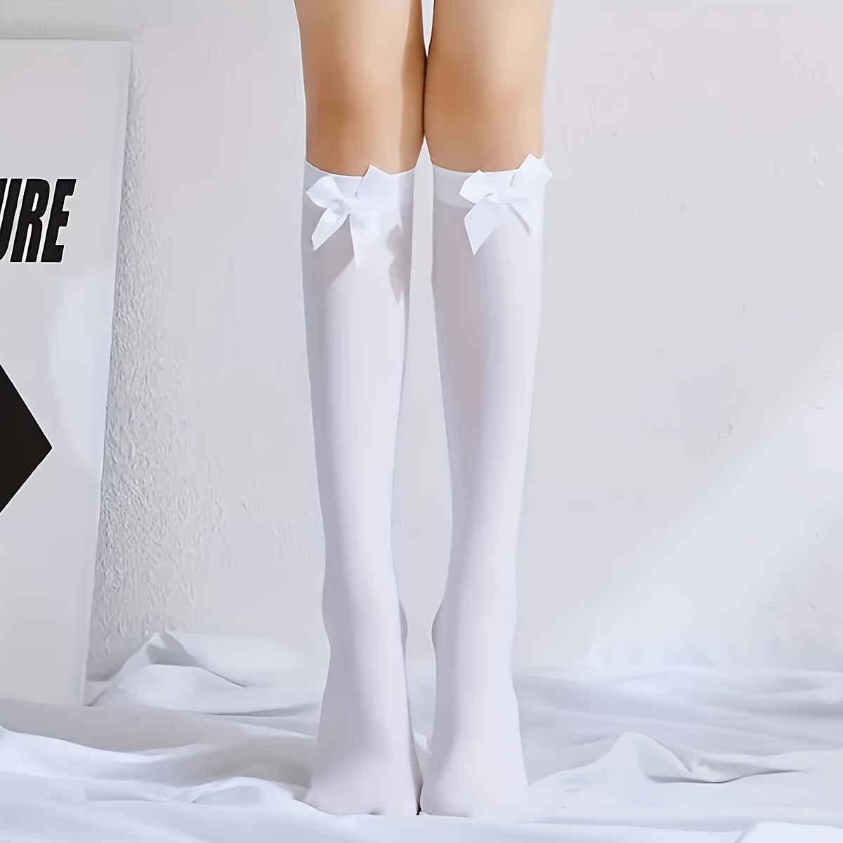 TEMU 1 Pair Women' Elegant Preppy White Over-the-knee Socks With - Knee-high Dress Suitable For Parties, Casual Attire, Uniforms, Hand Washable Solid
