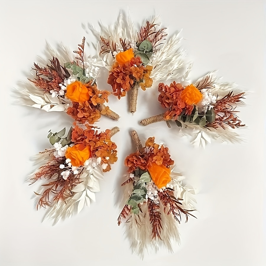 TEMU Lot de 5 mini corsages bohèmes en fleurs séchées - Orange, adaptés pour mariage, bal, boutonnière de homecoming, centre de table d'automne avec