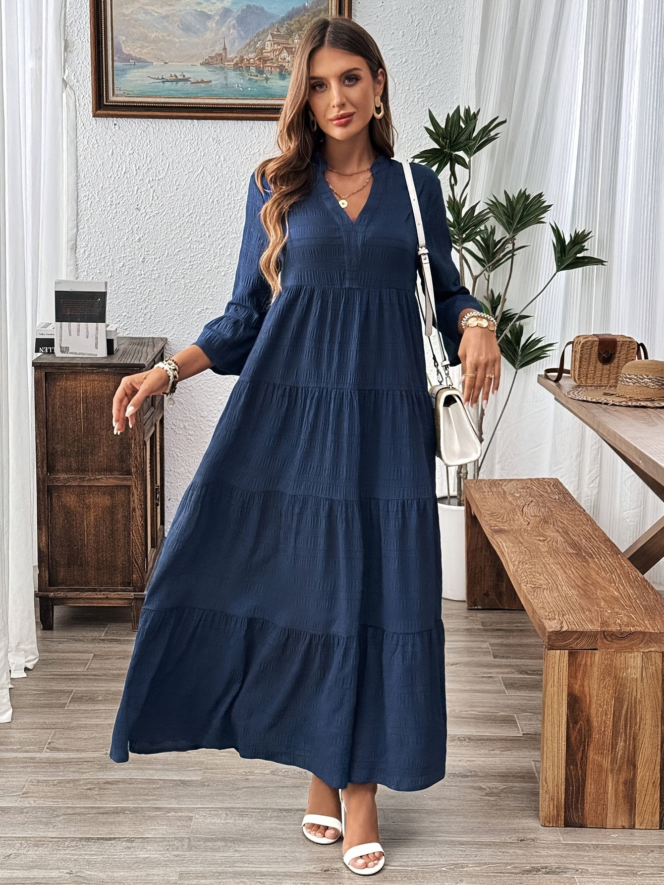 1pc Elegant V-Neck Asymmetrical Long Dress with * Polyester Trumpet Sleeve  Tunic, Loose Fit A-Line Swing Skirt for Spring/Fall, Fashionable Commuter  and Holiday Wear