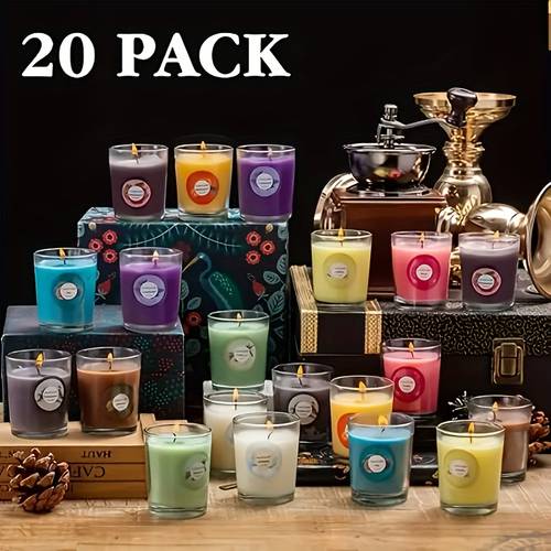 20 colored glass candles 10 different fragrances 1 9 x 2 6 inches long lasting burning suitable for bathing and relaxing at night can create a warm atmosphere used for personal use as a gift