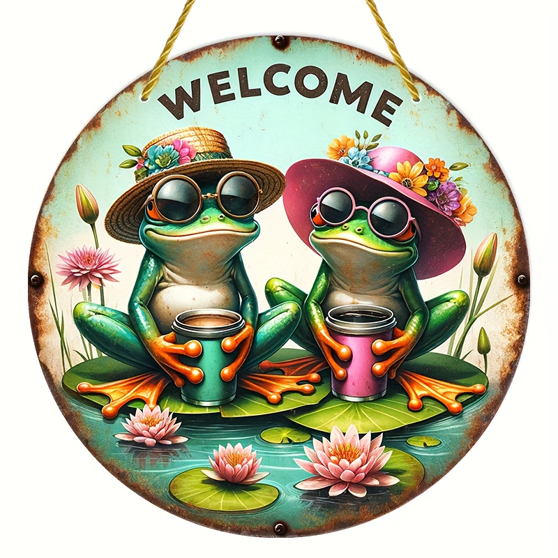 

Charming 5.9'' Round Aluminum Welcome Sign - Vacation Frog Theme For Indoor/outdoor Decor, Perfect For Garden, Farmhouse, Bedroom & Home - Ideal Gift