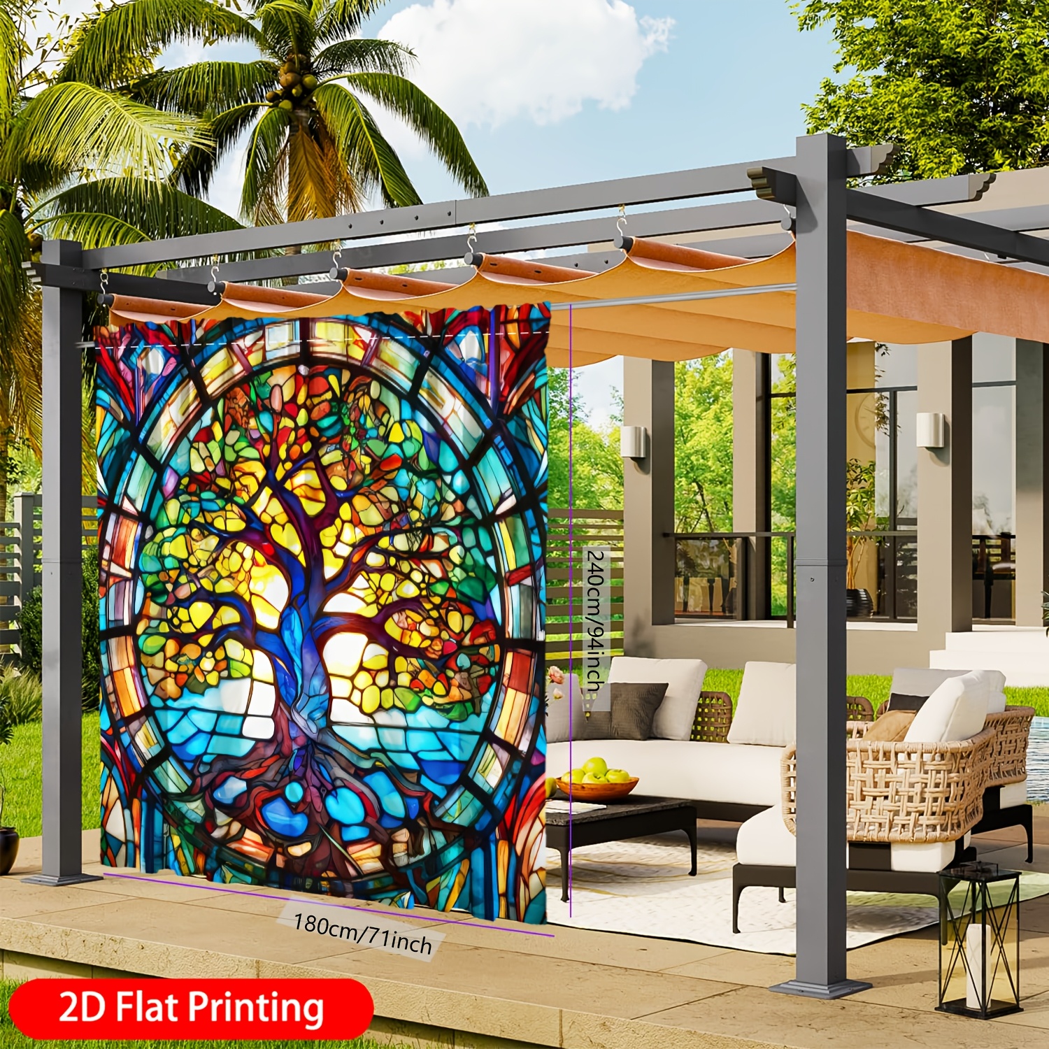 TEMU 1pc Qd_vivios Large Tree Of Life Stained Glass Outdoor Curtains Suitable For Garden Patio Sunshade, Semi- Panels With Grommet Top, - Decorative