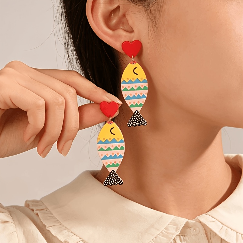 TEMU Une paire de boucles d'oreilles cœur de petit poisson rond et coloré et d'Amérique, , , mignonnes et polyvalentes