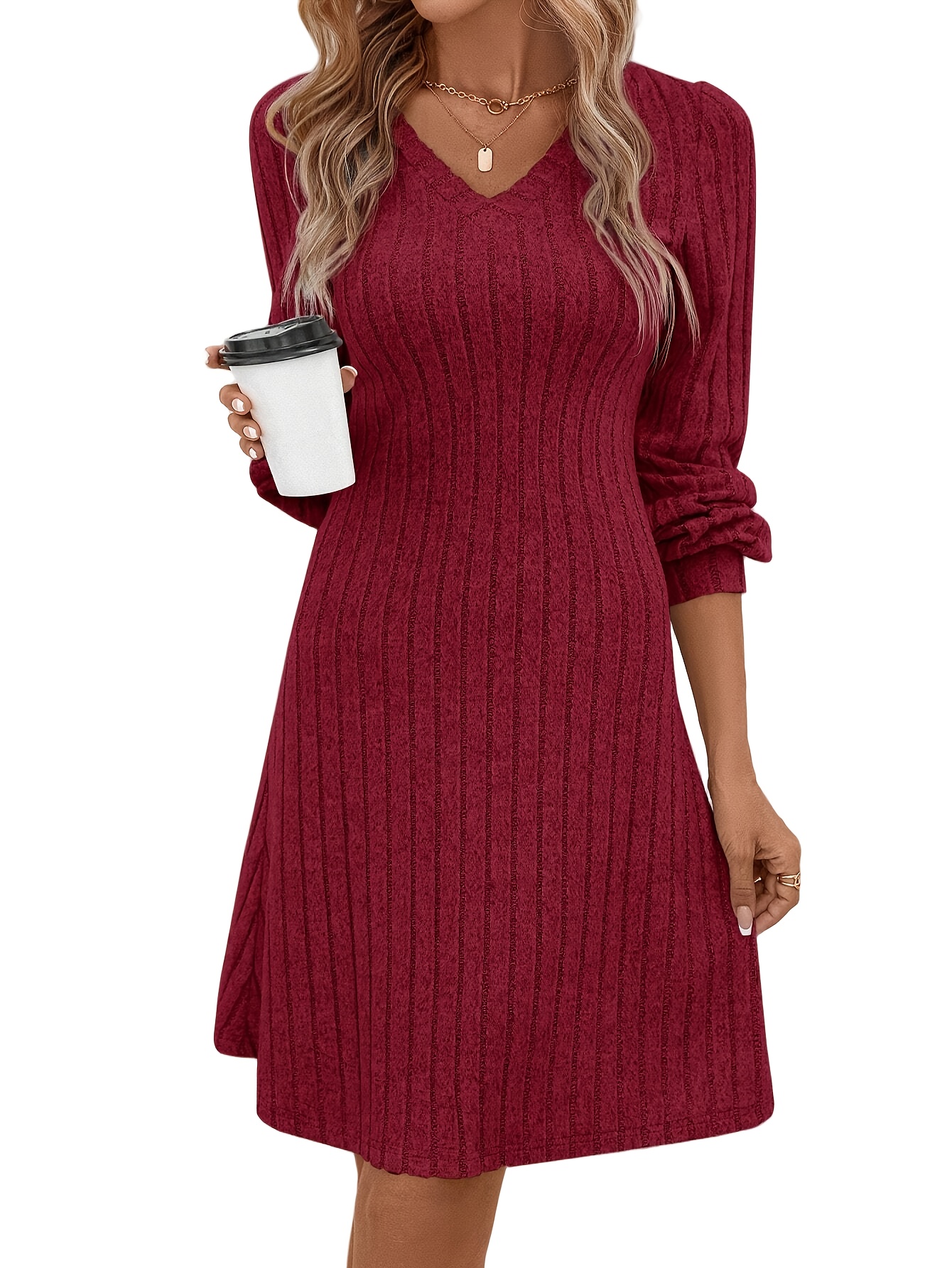 women's elegant v-neck ribbed sweater dress - long sleeve burgundy solid  color with contrast cuffs, stretch, machine washable, versatile for casual  & formal wear, formal attire, stretchy material, waffle texture | Free