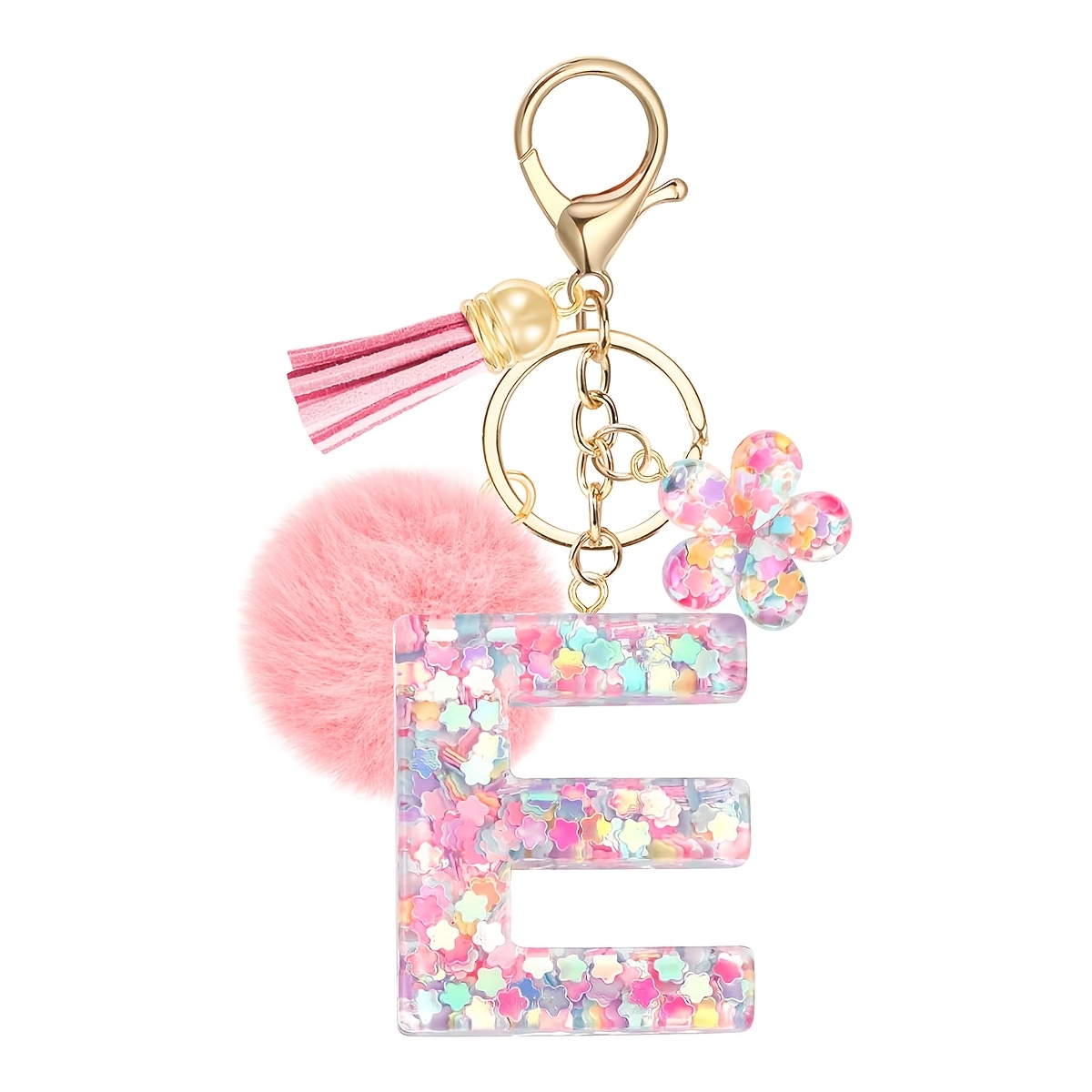Image of Ladies' Initial Keychain, Cute Pink Flower Resin Letter Keyring, Sequin Flower Bag Charm Pendant