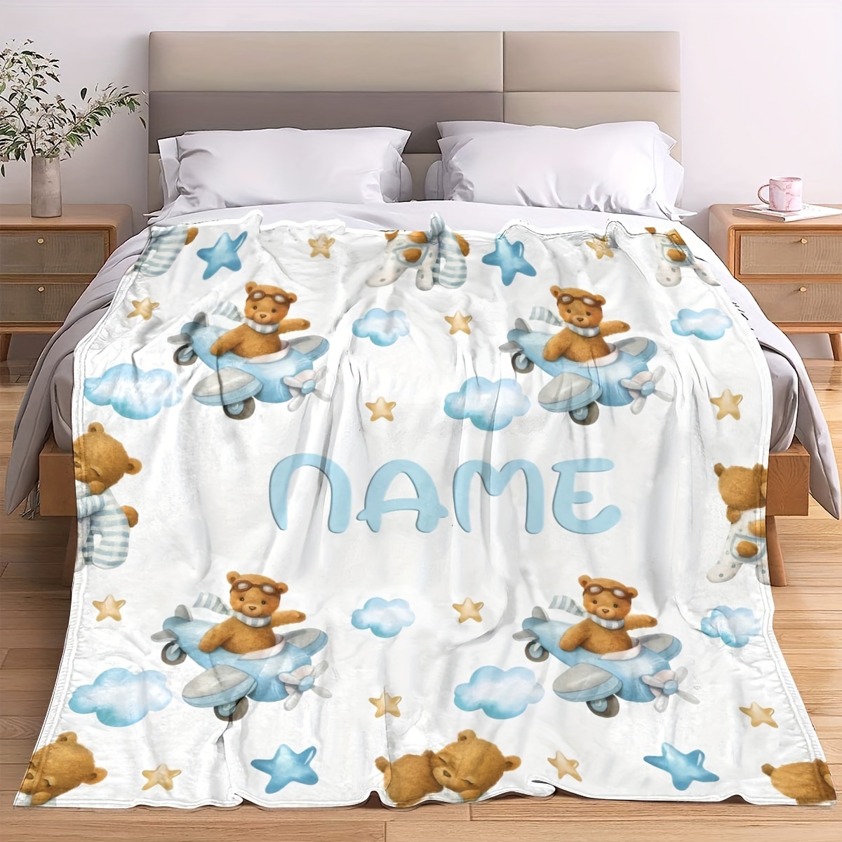 Personalized Custom Name Flannel Blanket, Cute Bear Airplane Series