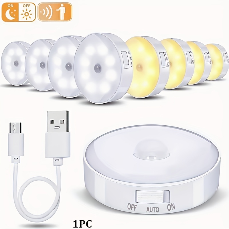 1 LED Light with Motion Detection, Round Rechargeable Night Light, in White/Warm White, Ideal for Indoor Stairs, Closets, Bathrooms, Bedrooms, And Kitchens