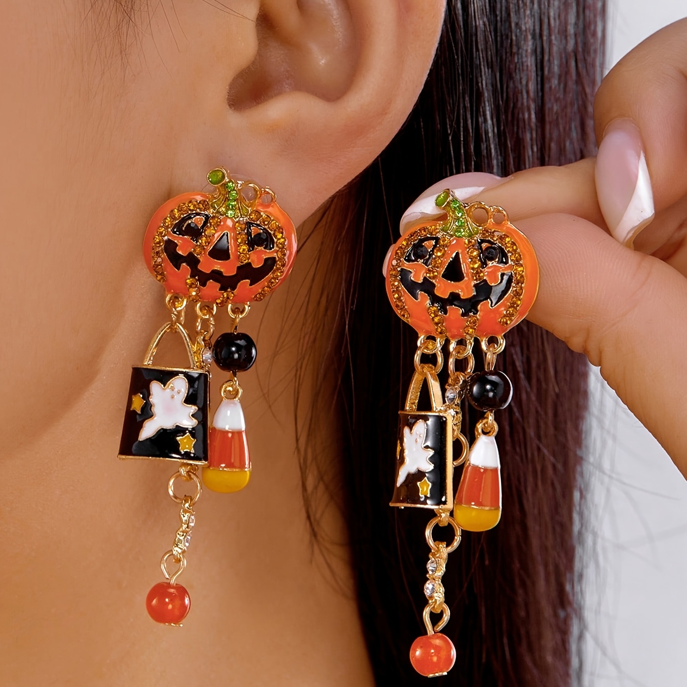 TEMU 2 orecchini da Halloween con strass a forma di zucca e con nappa