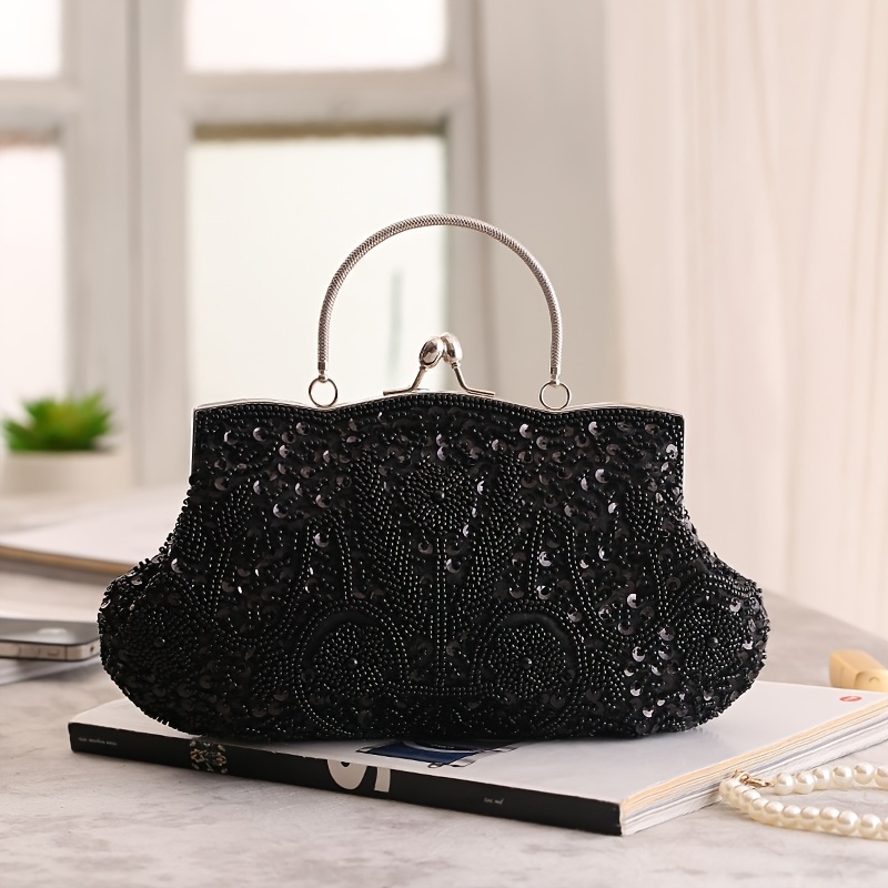 Pochette De Soirée Vintage Perles - Sac à Main Clutch Perlé, Couleur Crème, Chaîne Inox