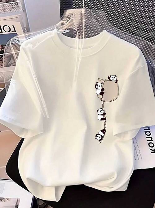 2026 womens round neck panda print short sleeve summer casual t shirt