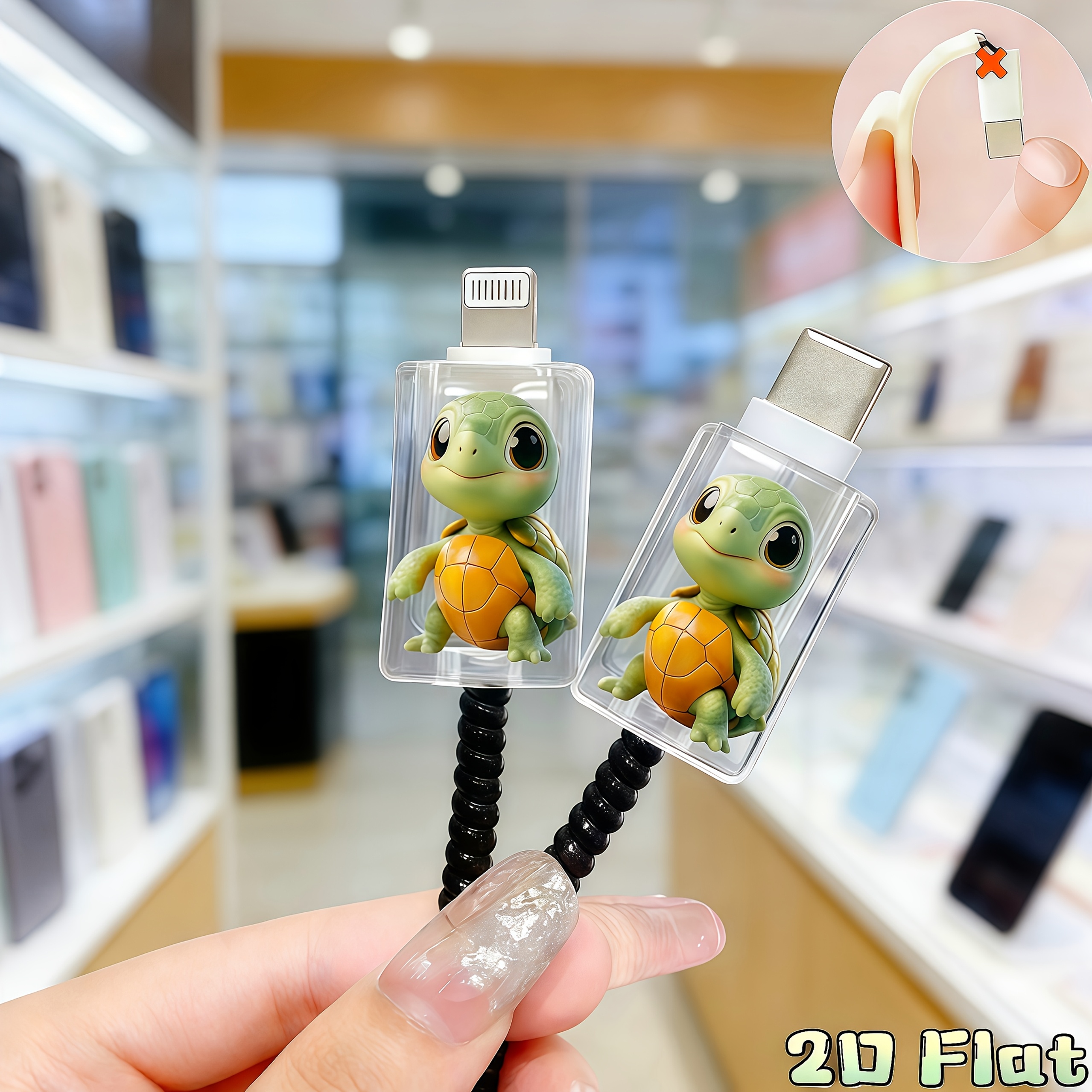 E-shop 2D Flach 2er-Pack Cartoon Niedliche Schildkröte Datenkabel Schutz Anti-Bruch und Anti-Biss Ladekabel Schutz Geeignet für Type-C/Lightning
